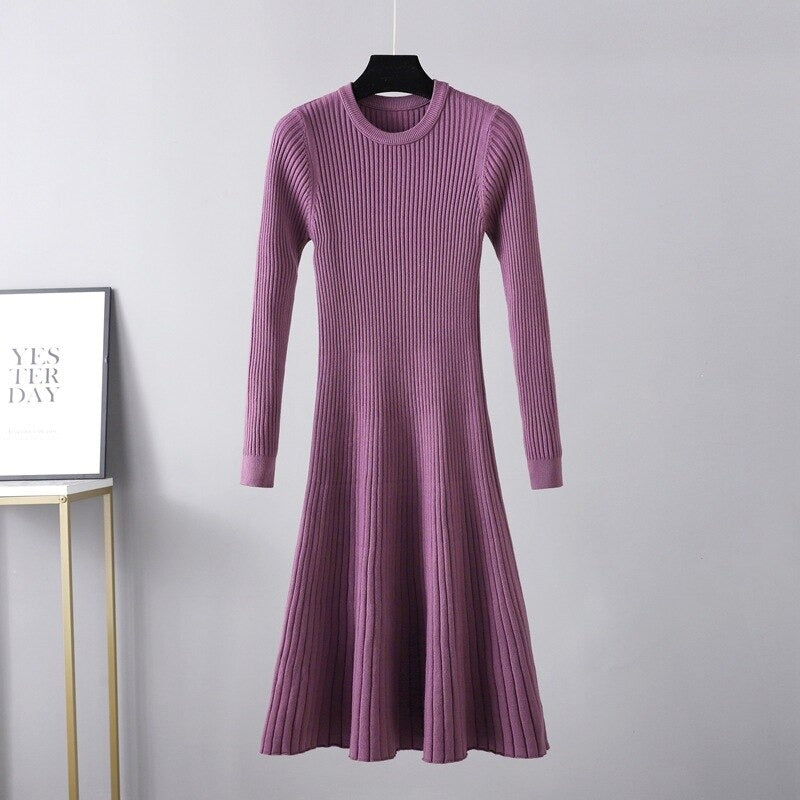 O-Neck Slim Long Knitted Maxi Sweater Dress One Size Purple