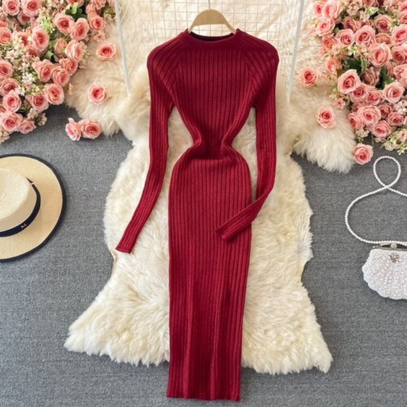 O-Neck Winter Knitted Bodycon Sweater Dress Red One Size