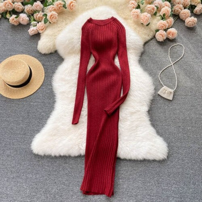 O-Neck Elastic Warm Knitted Sweater Dress One Size Red