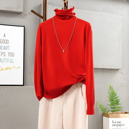 Soft Cashmere Slim-Fit Turtleneck Pullovers For Women Red One Size