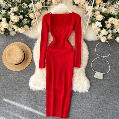 Vintage Elegant Low Neck Dress For Women Red One Size