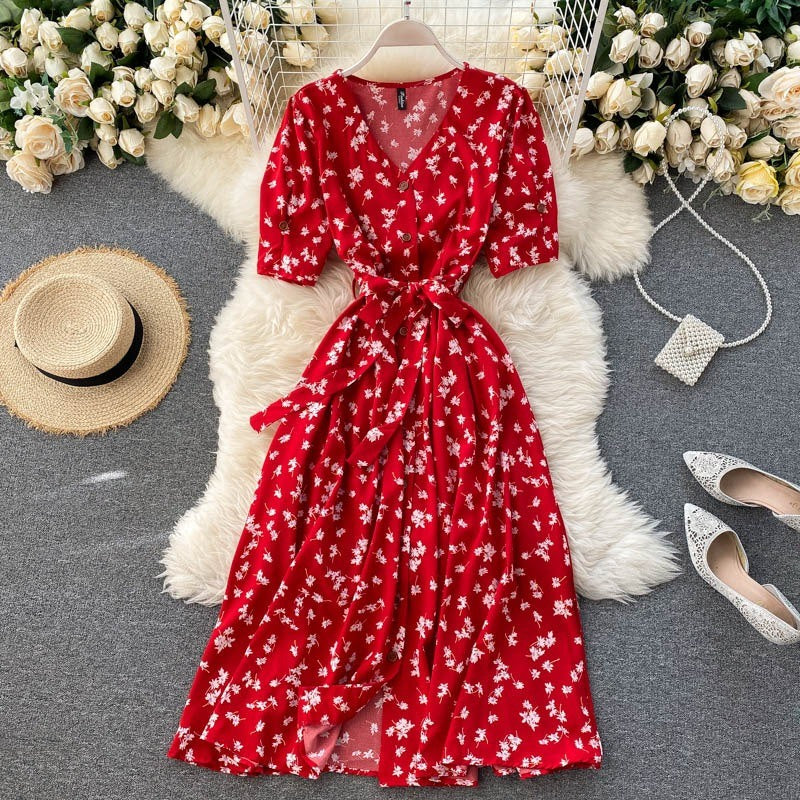 Elegant V-neck Polka Dot Short Sleeve Dress For Women