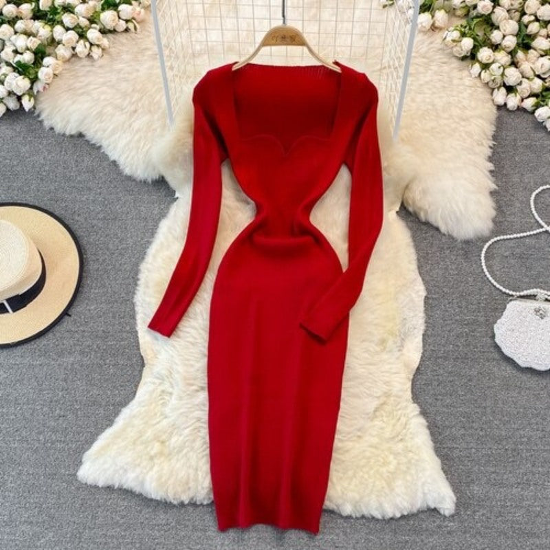 Elegant Low Neck Tight Stretch Knit Dress For Women Red One Size