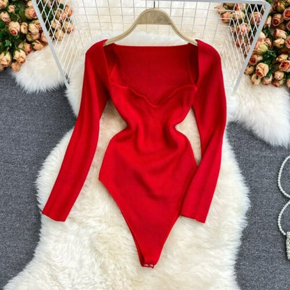 Women's Slim Fit Short-Sleeved Knitted Jumpsuit Red One Size