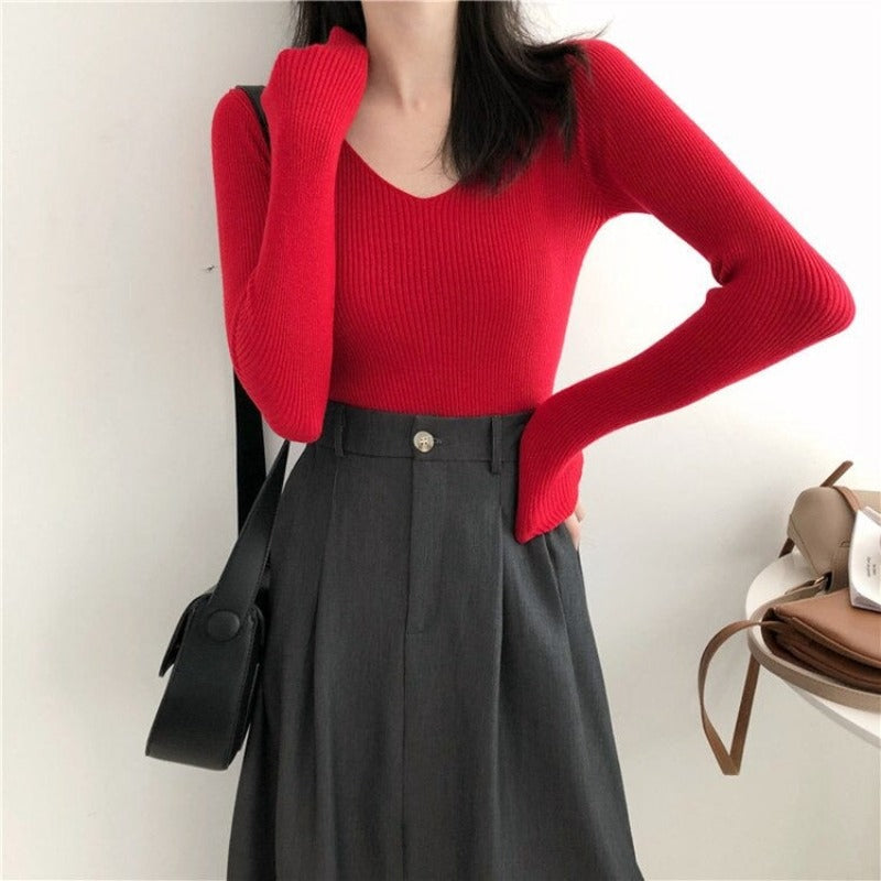 V-Neck Knitted Long Sleeves Skinny Pullovers For Women Red