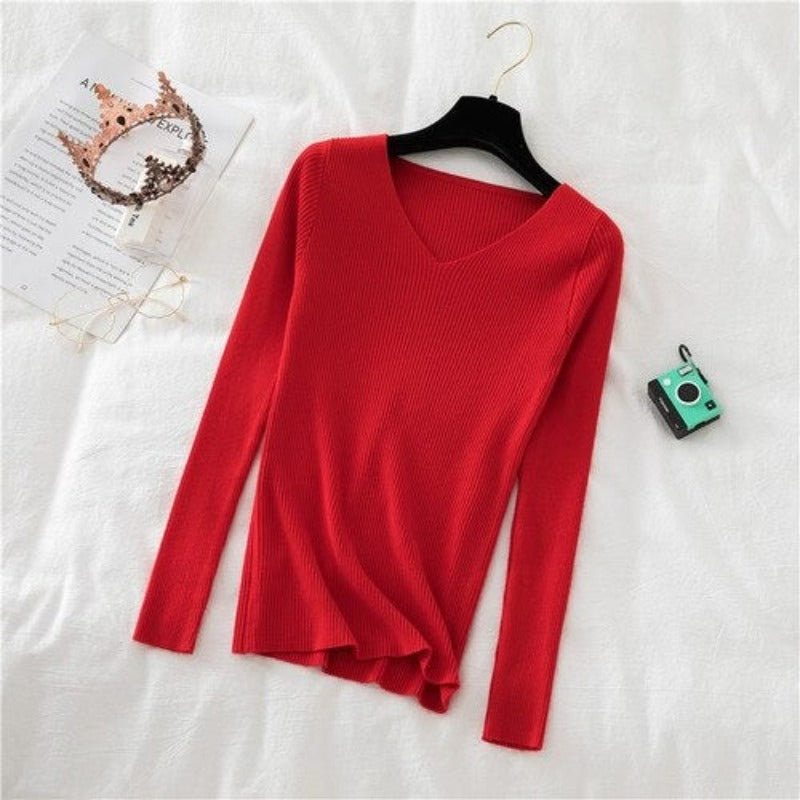 Woolen V-Neck Long-Sleeved Knitted Pullover For Women