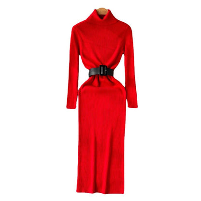 Women's Turtleneck A-Line Knitted Bodycon Dress With Belt One Size Red