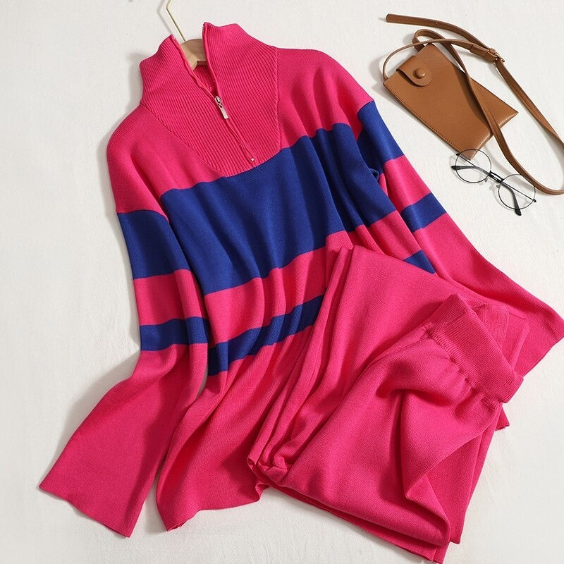 Turtleneck Striped Knit Pants Suit For Women Rose Red One Size