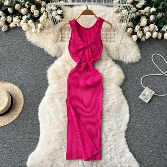 Split Knitted Casual Twisted Hollow Slim Dress For Women Pink One Size