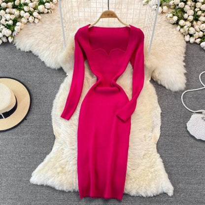 Elegant Low Neck Tight Stretch Knit Dress For Women Cherry One Size