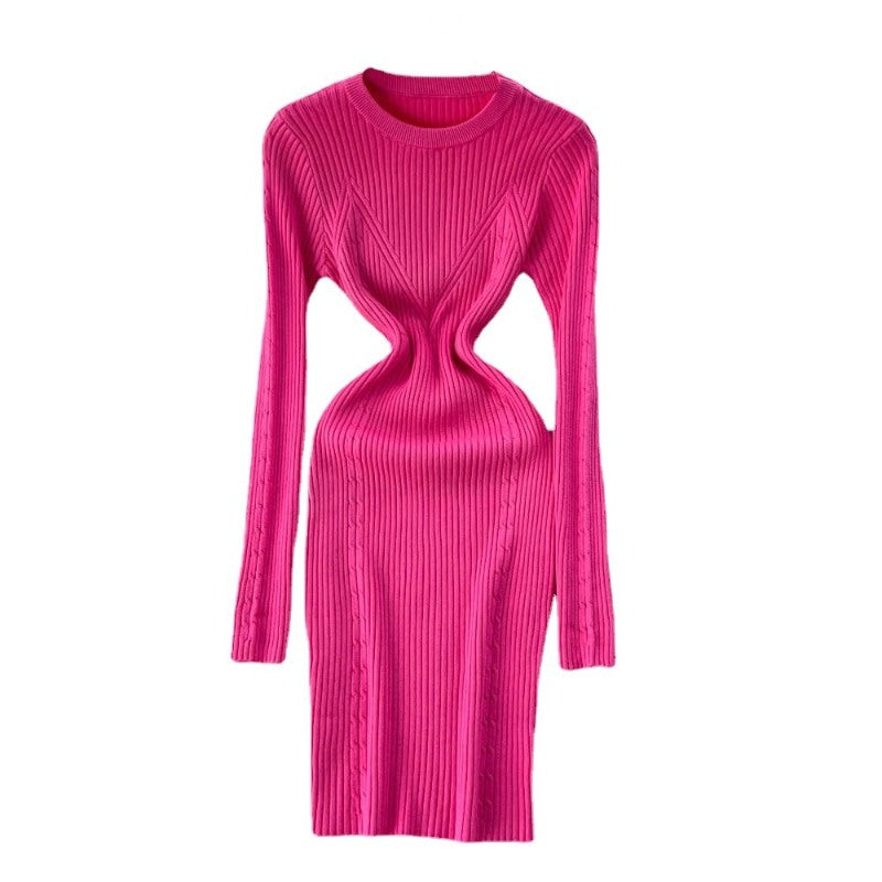 Elegant Winter O-Neck Knit Sweater Dress For Women Rose Red One Size