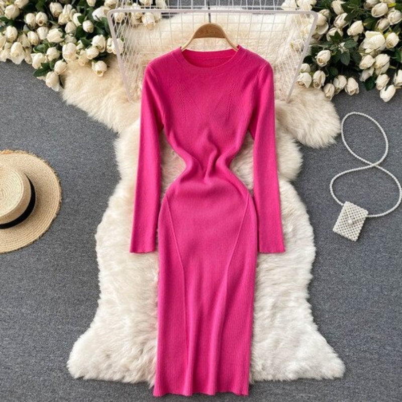 O-Neck Tight Stretch Knitted Slim Dress Pink One Size