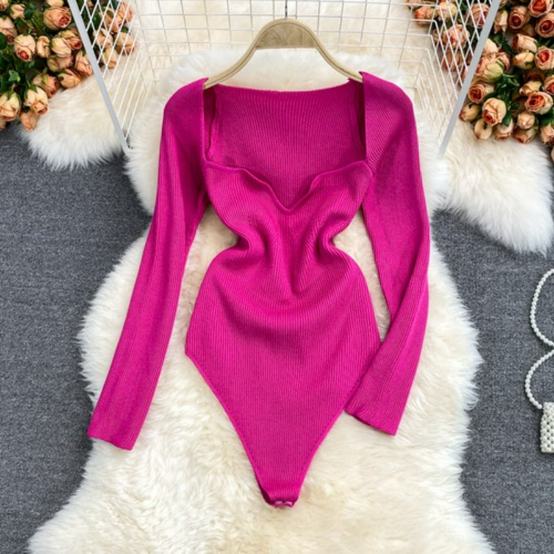 Women's Slim Fit Short-Sleeved Knitted Jumpsuit Pink One Size