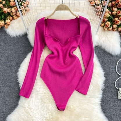 Women's Slim Fit Short-Sleeved Knitted Jumpsuit Pink One Size