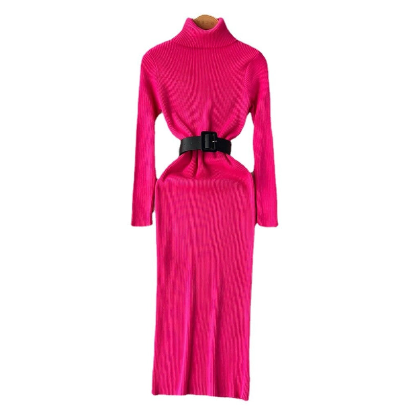 Women's Turtleneck A-Line Knitted Bodycon Dress With Belt One Size Rose Red