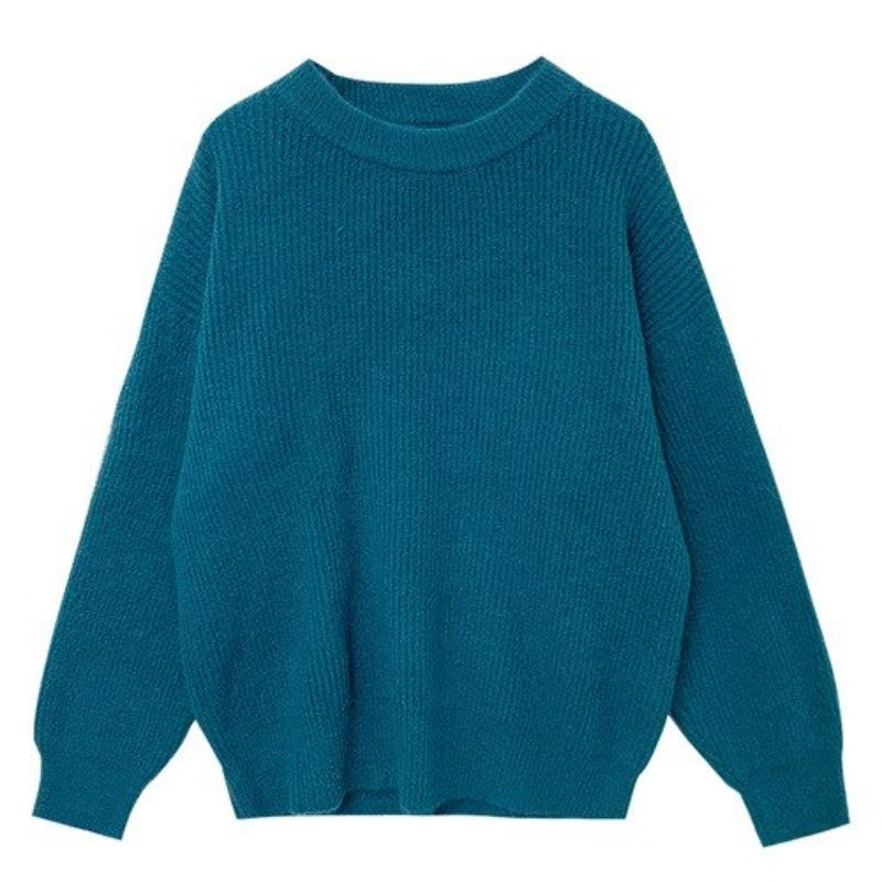 Cashmere Knitted Solid Long-Sleeved Loose Pullover For Women Royal Blue One Size