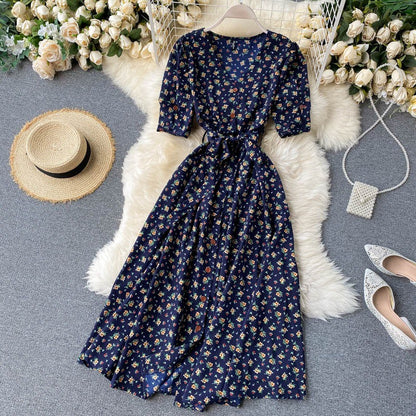 Elegant V-neck Polka Dot Short Sleeve Dress For Women Dark Blue One Size