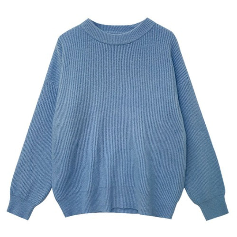 Cashmere Knitted Solid Long-Sleeved Loose Pullover For Women Sky Blue One Size