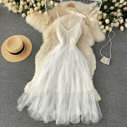 Irregular Net Gauze Fluffy Dress For Women White