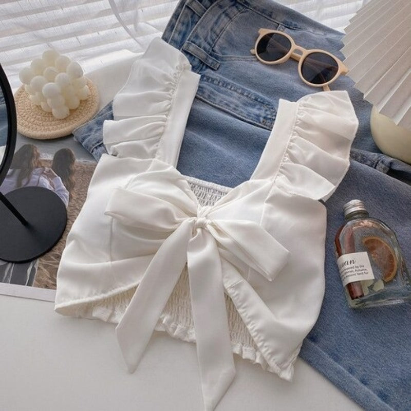 Bow Tie Lace-up Floral Print Camisole Tops For Women White One Size