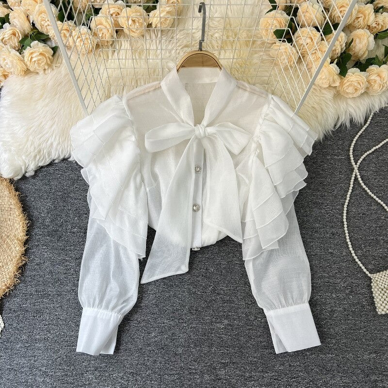 Retro Bow Collar Ruffles Blouses Shirt For Women