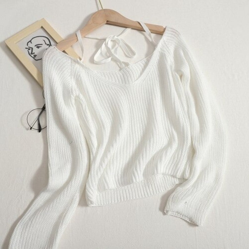 V-neck Long-Sleeved Knitted Crop T-Shirts For Women White One Size