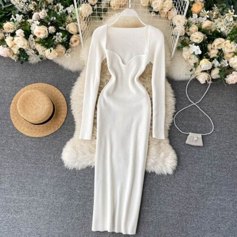 Vintage Elegant Low Neck Dress For Women White One Size