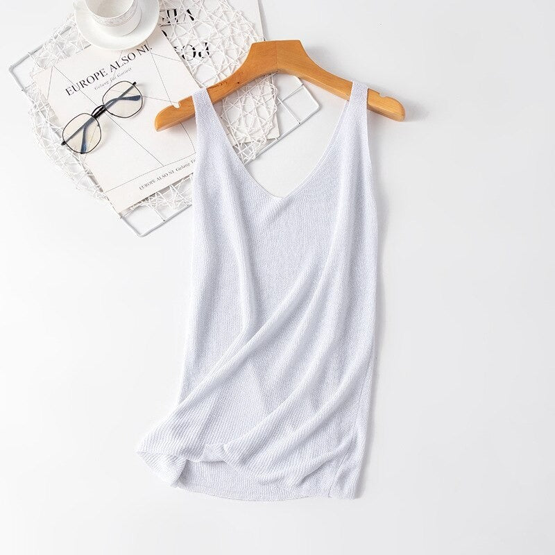 V-Neck Loose Bright Knitted Camisole Tanks For Women White One Size