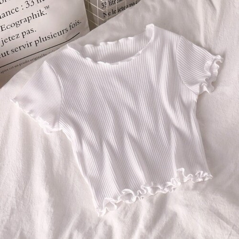 Korean Slim Curl Short Stripe T-Shirts For Women White One Size