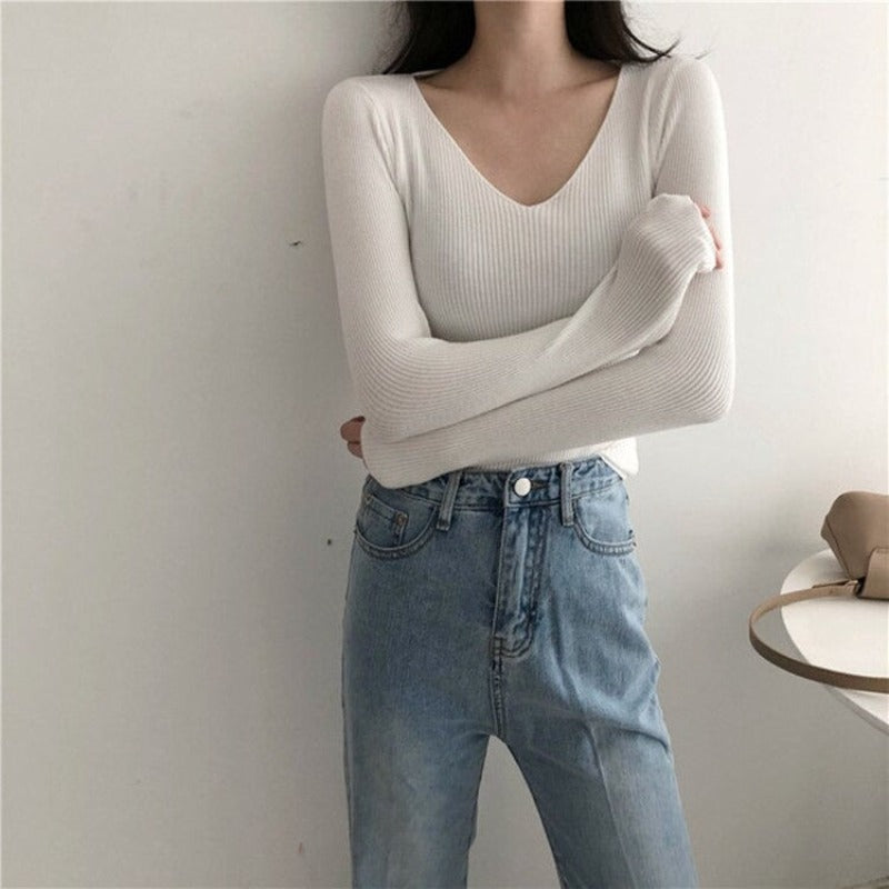 V-Neck Knitted Long Sleeves Skinny Pullovers For Women White