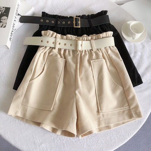 Women Corduroy Casual Straight Shorts With Belt Apricot One Size