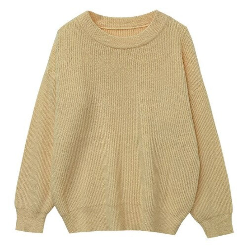 Cashmere Knitted Solid Long-Sleeved Loose Pullover For Women Beige One Size