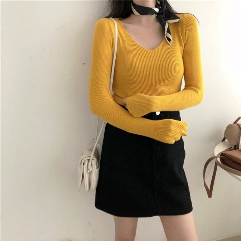 V-Neck Knitted Long Sleeves Skinny Pullovers For Women Yellow