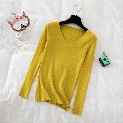 V-Neck Long-Sleeved Woolen Knitted Pullover For Women