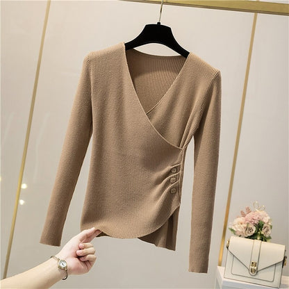 V-Neck Elegant Button Long-Sleeved Pullover For Women Khaki One Size