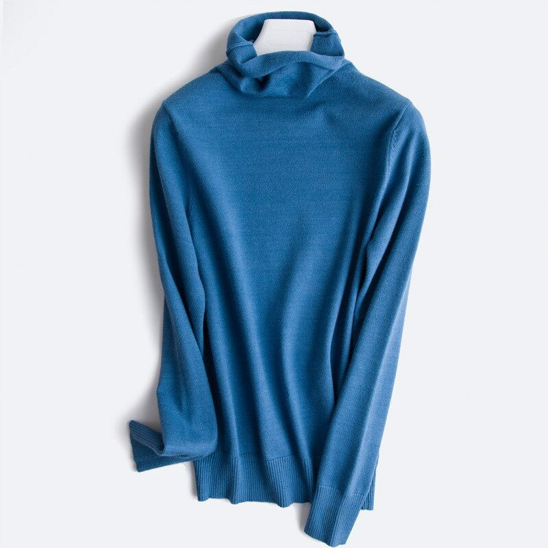 Soft Cashmere Slim-Fit Turtleneck Pullovers For Women Blue One Size