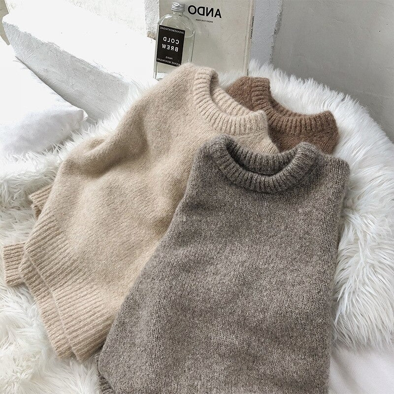 O-Neck Thick Knitted Loose Pullover For Women