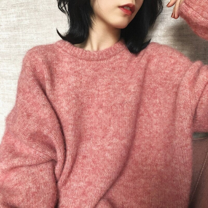 O-Neck Thick Knitted Loose Pullover For Women Pink One Size