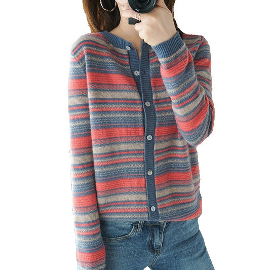 O-Neck Cashmere Knitted Striped Cardigan For Women