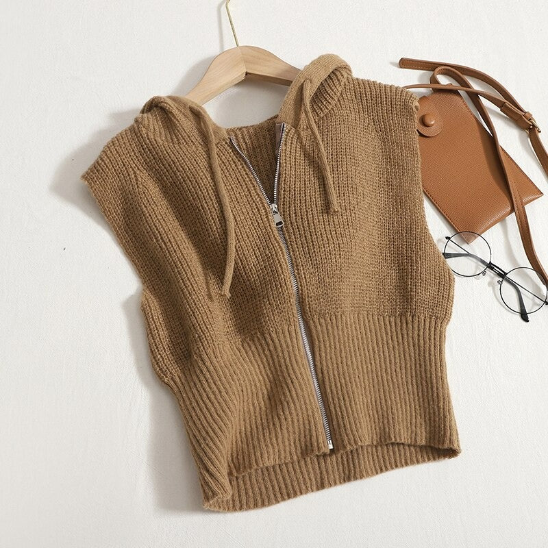 Loose Knitted Hooded Zipper Sweater Vest For Women Brown One Size