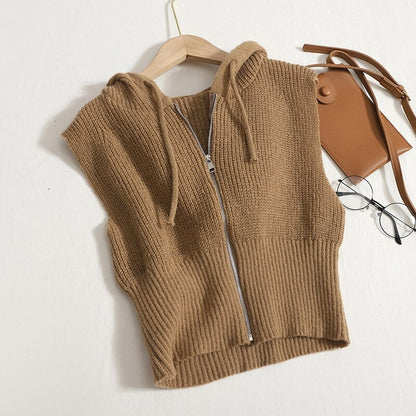 Loose Knitted Hooded Zipper Sweater Vest For Women Brown One Size