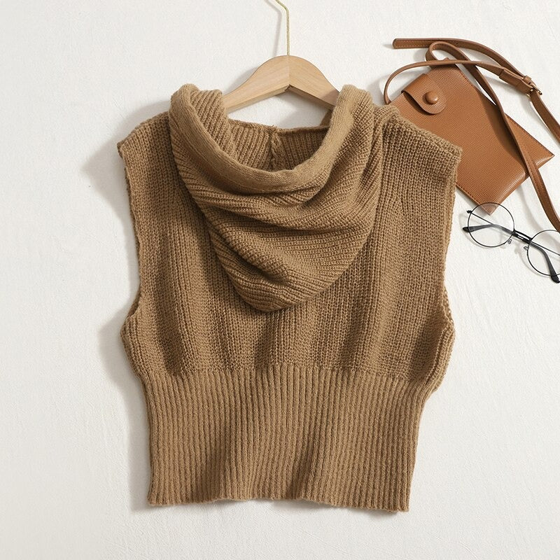 Loose Knitted Hooded Zipper Sweater Vest For Women