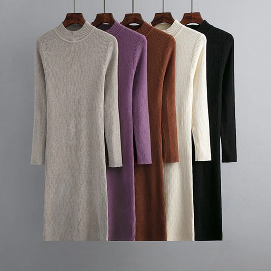 Knee-Length Ribbed Casual Sweater Dress For Women