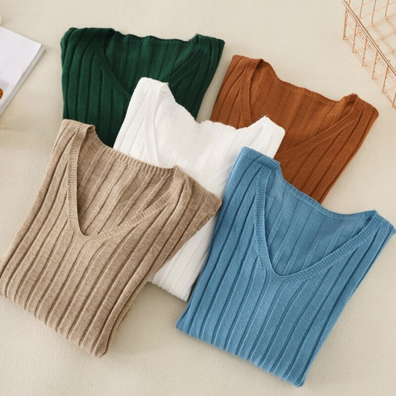 Basic V-Neck Solid Bodycon Knitted Sweater For Women