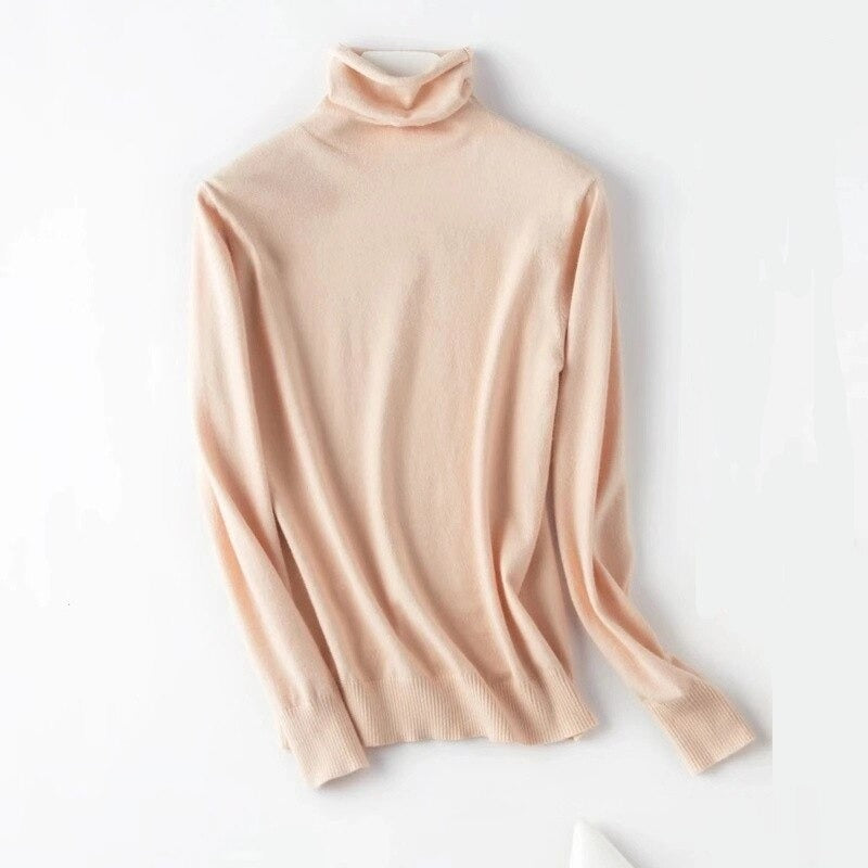 Soft Cashmere Slim-Fit Turtleneck Pullovers For Women Beige One Size