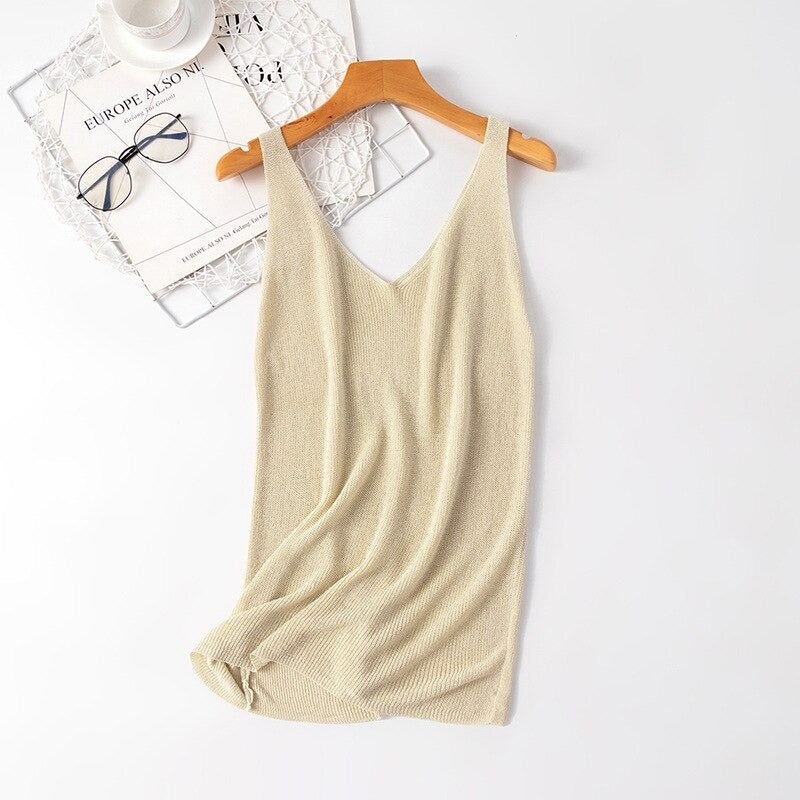 V-Neck Loose Bright Knitted Camisole Tanks For Women Light Yellow One Size