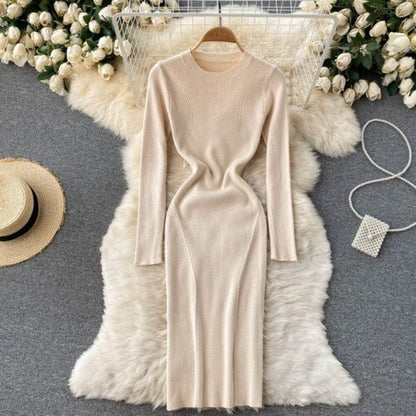 Elegant O Neck Tight Stretch Knit Dress For Women Beige One Size