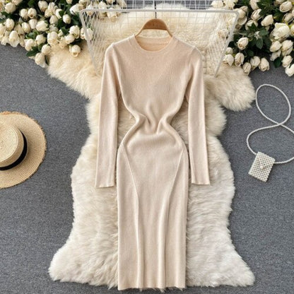 O-Neck Tight Stretch Knitted Slim Dress Beige One Size