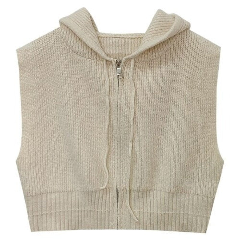 Loose Zipper Knitted Hooded Sweater Vest For Women Beige One Size