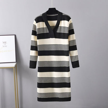 V-Neck Loose Striped Knitted Warm Sweater Dress For Women One Size Black